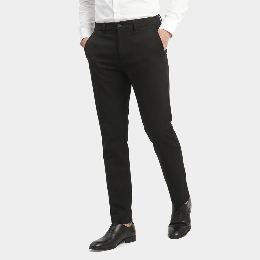 Men's Black Slim Fit Flat-Front Trousers, Black, large