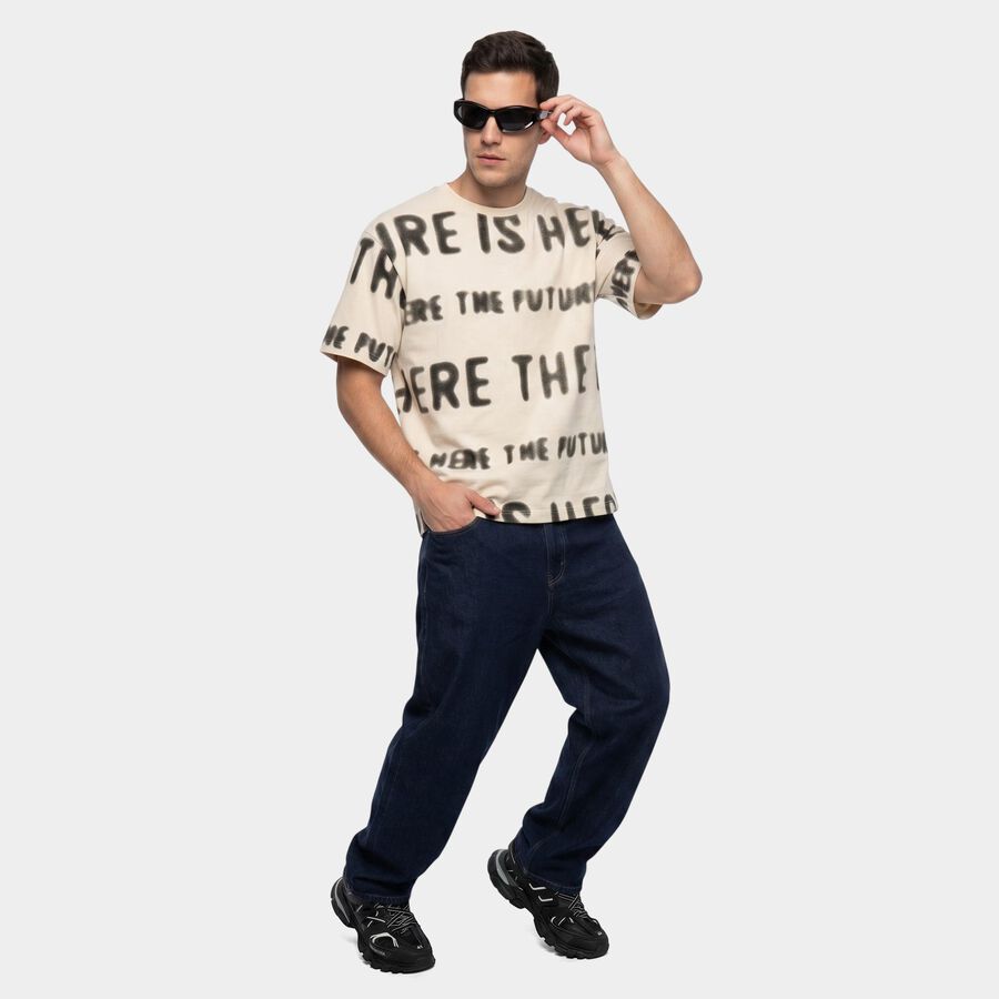 Men's Cream Round Neck Graphic Print Regular T-Shirt, Off White, large
