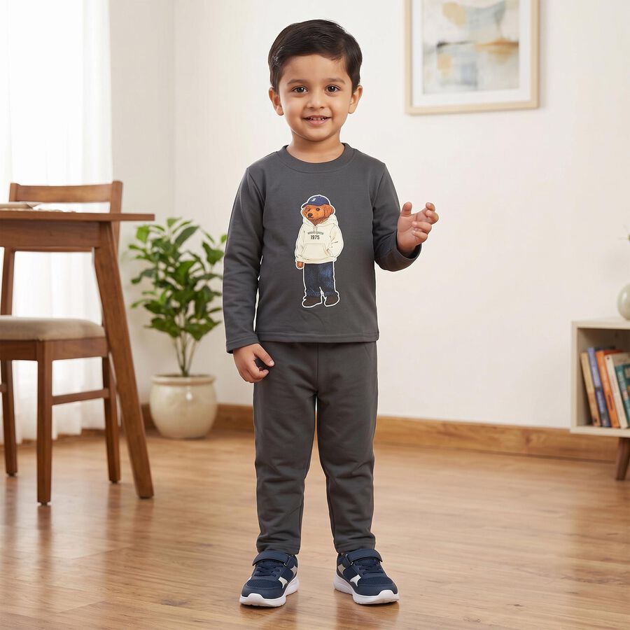 Boys' Charcoal Round Neck Graphic Baba Suit, Charcoal, large