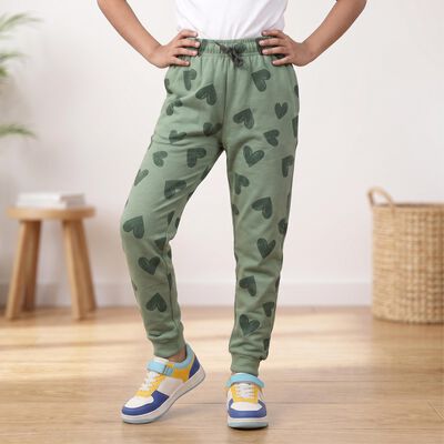 Girls' Sage Green Heart Printed Drawstring Pyjama