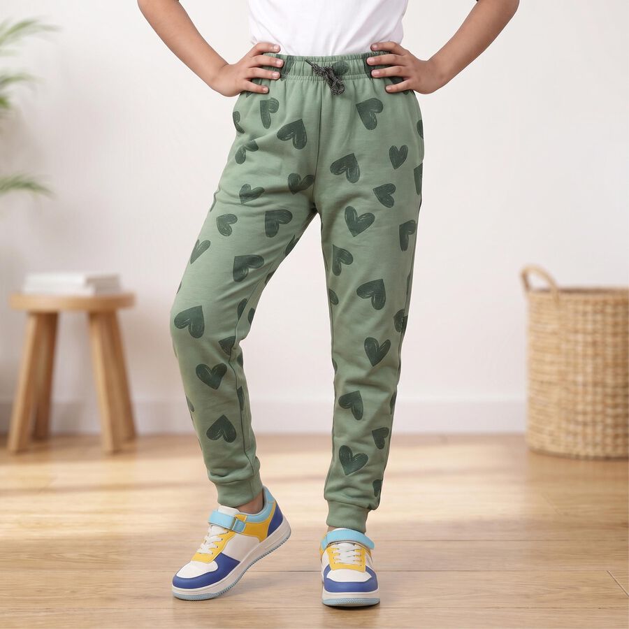 Girls' Sage Green Heart Printed Drawstring Pyjama, Light Green, large