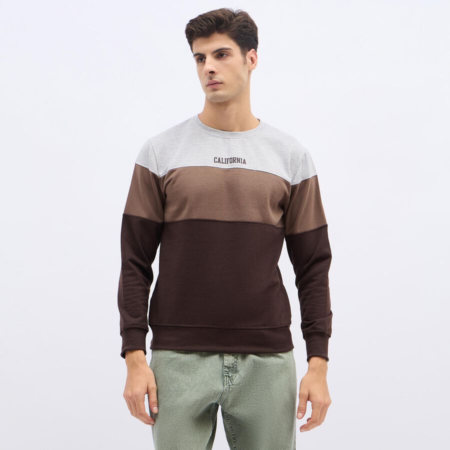 Men's Muted Brown and Light Grey Crew Neck Casual Sweatshirt, Brown, large image number null