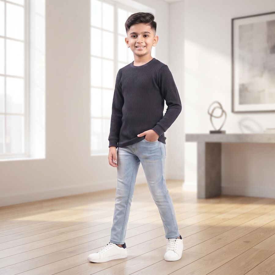 Boys' Melange Blue Long Sleeve Thermal, मिश्रित नीला, large