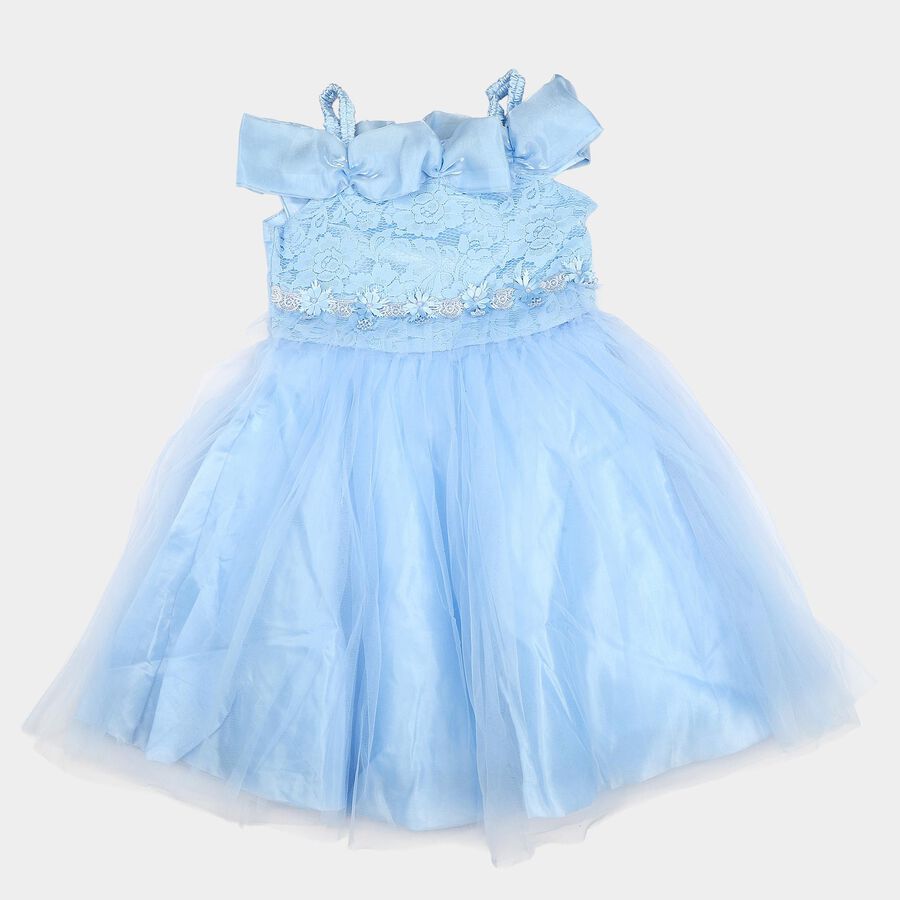 Girls' Light Blue Fit and Flare Bow Detail Party Wear Frock, Light Blue, large