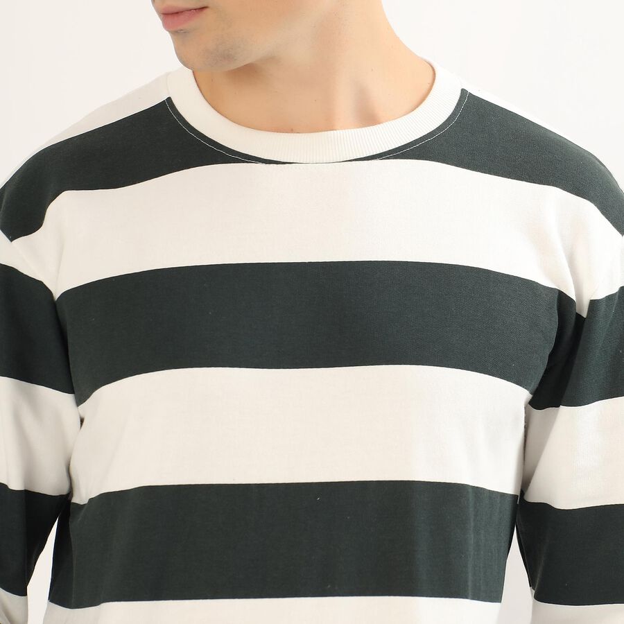 Men's Dark Forest Green and White Crew Neck Striped Sweatshirt, Dark Green, large image number null
