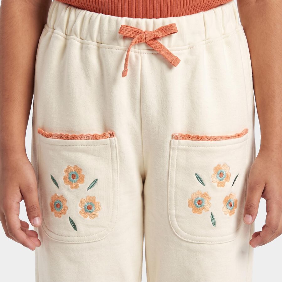 Girls' Off White Jogger Fit Floral Embroidered Cotton Pyjama, Off White, large
