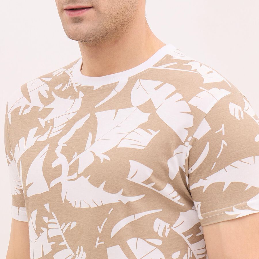 Men's Muted Beige Cotton Round Neck Floral Print T-Shirt, Khaki, large image number null