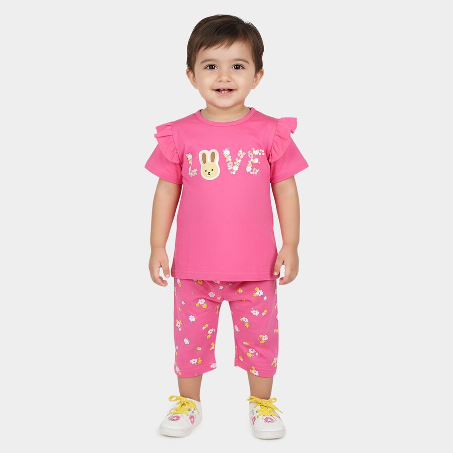 Infants' Pink Cotton Solid T-Shirt and Capri Set, Pink, large