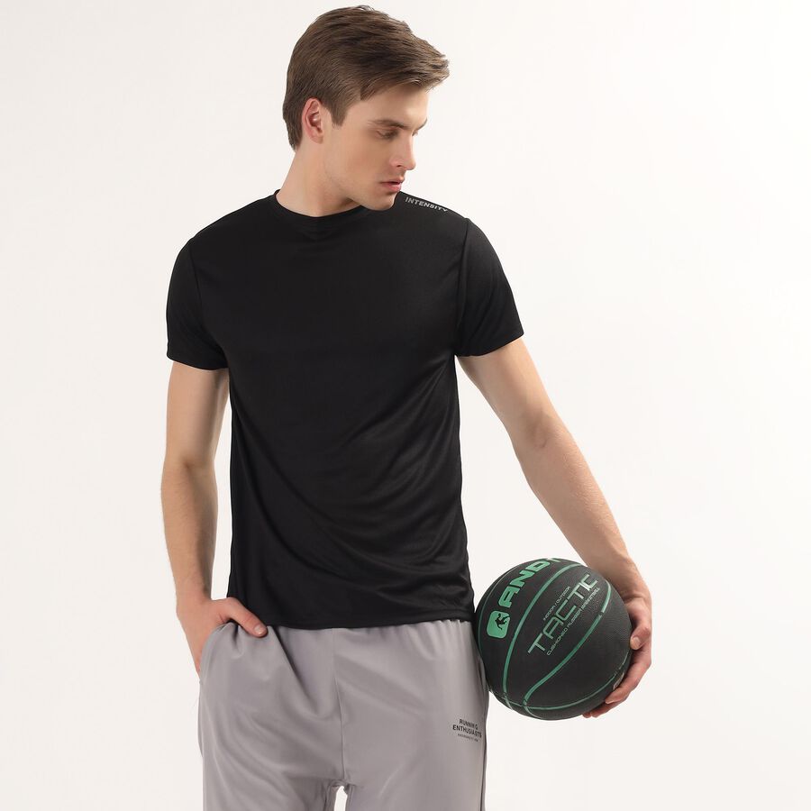 Men's Black Crew Neck Athleisure Drifit T-Shirt, काला, large