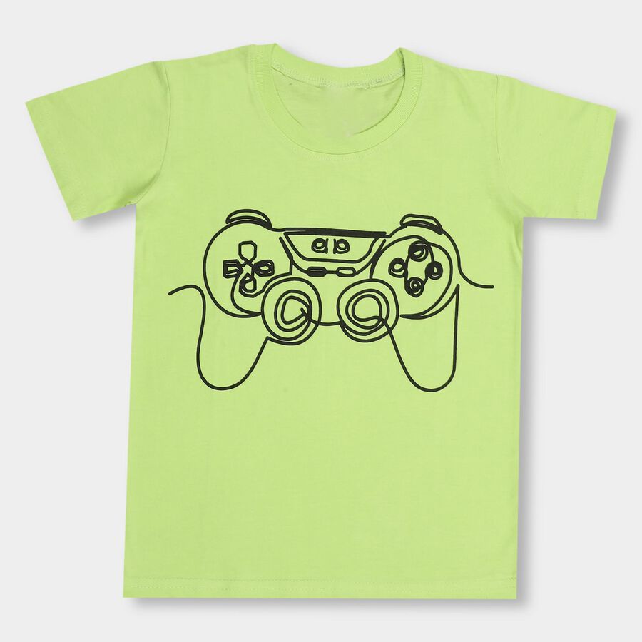 Boys Bright Lime Green Round Neck Graphic Print T-Shirt, Light Green, large image number null