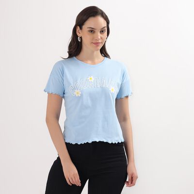 Ladies' Light Blue Cotton Crop-Length Round Neck T-Shirt