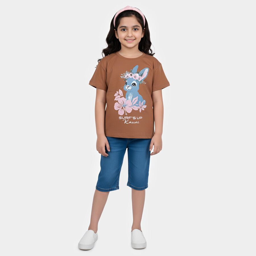 Girls Brown Cotton Casual T-Shirt, भूरा, large