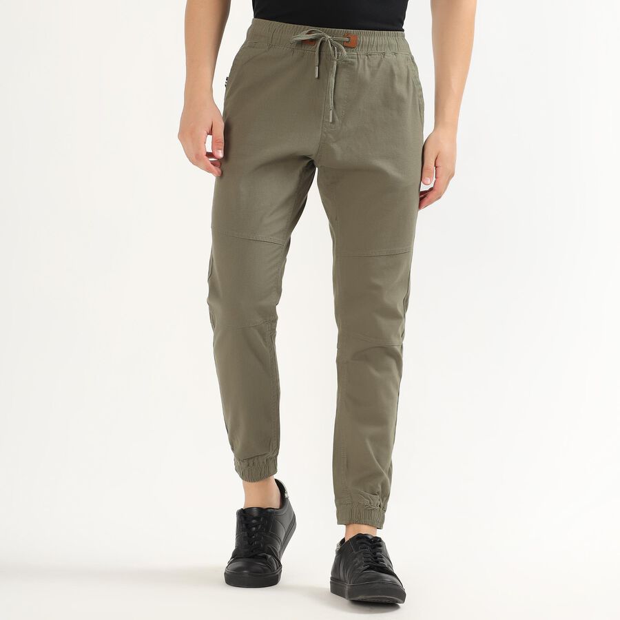Men's Muted Olive Green Slim Fit Elastic Waist Casual Trousers, Light Green, large