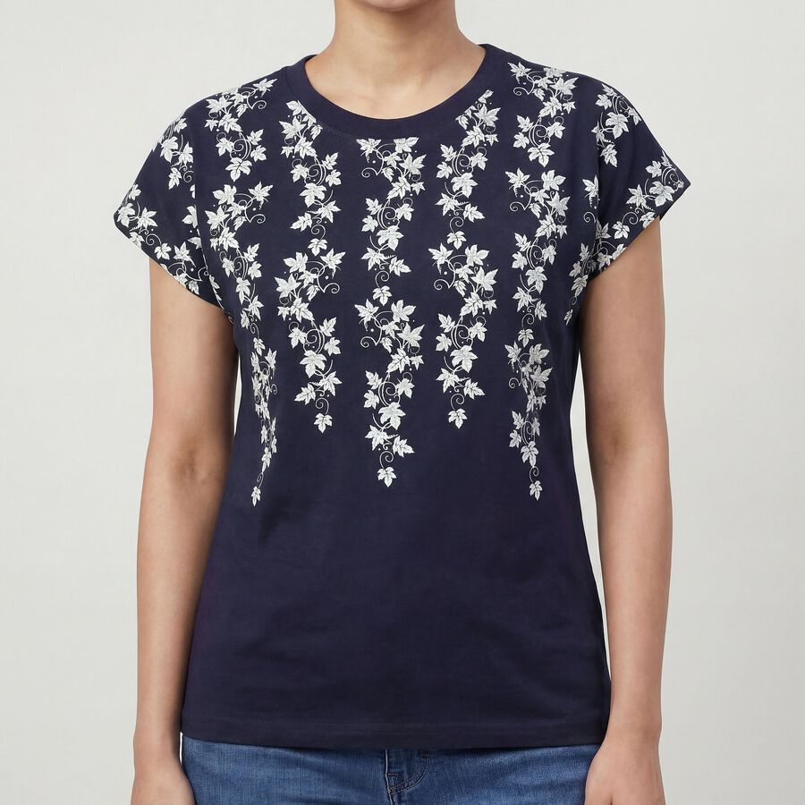 Women's Navy Blue Round Neck Casual T-Shirt, Navy Blue, large