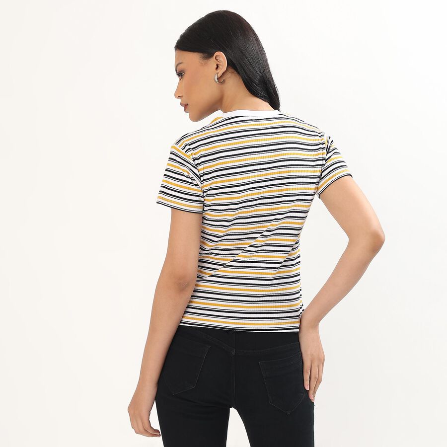 Women's Yellow and Black Round Neck Casual T-Shirt, मस्टर्ड, large