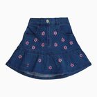 Girls' Deep Denim Blue Embroidered Flared Skirt, मध्यम नीला, small