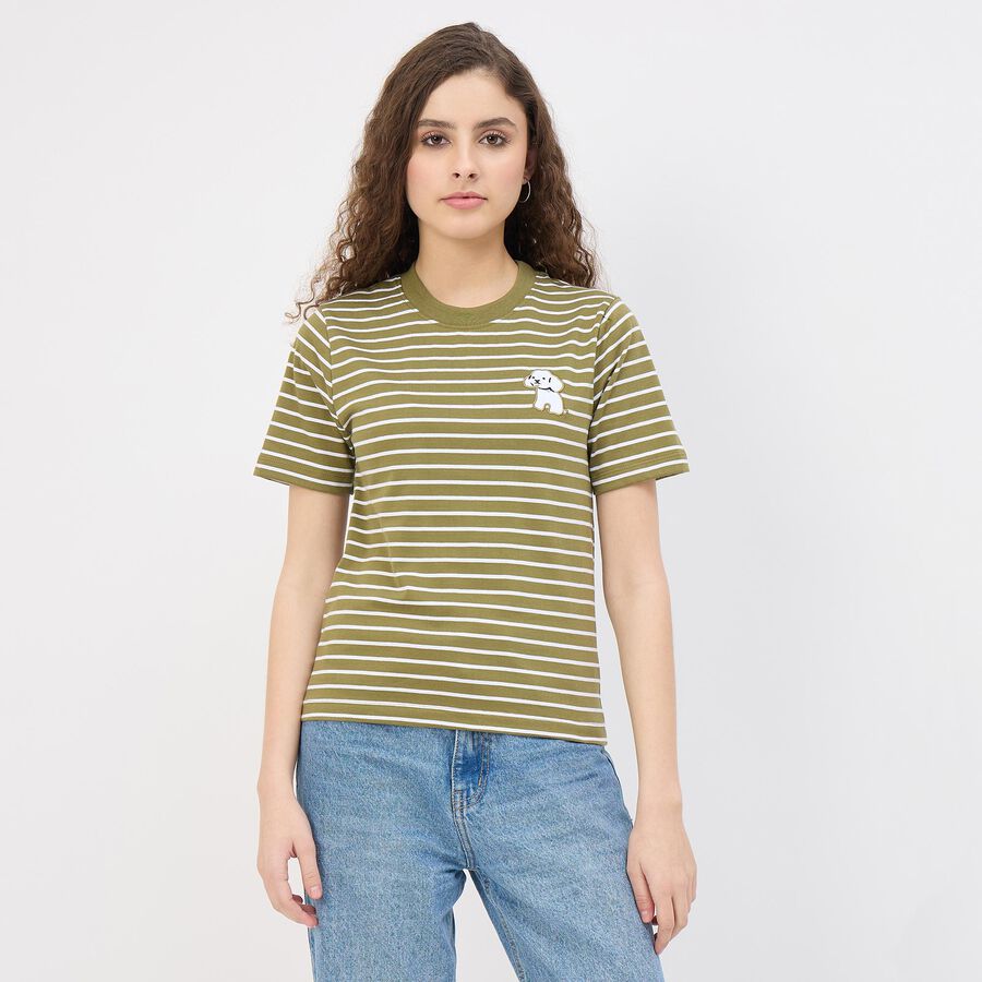 Women's Olive Green Cotton Round Neck Minimalist T-Shirt, Olive, large