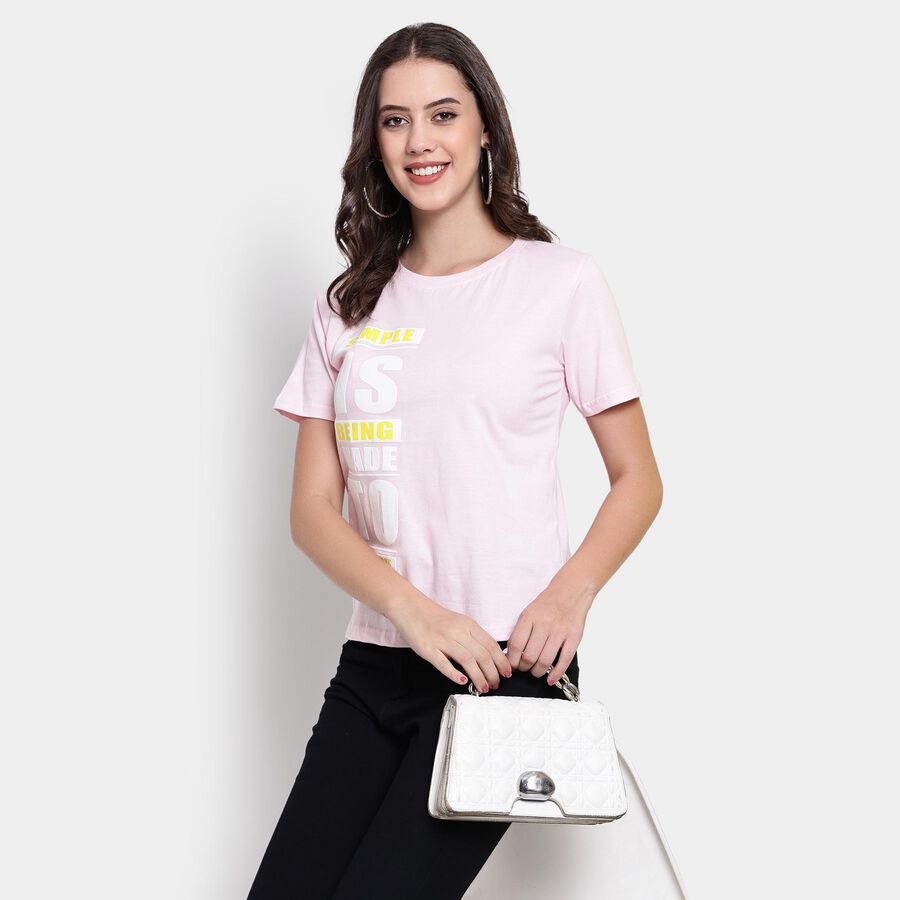 Ladies' 100% Cotton Round Neck T-Shirt , हल्का गुलाबी, large image number null