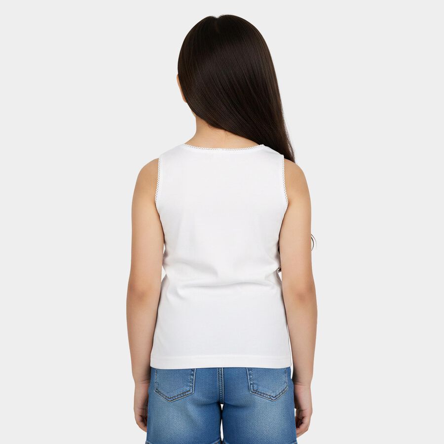 Girls White Cotton Round Neck Sleeveless Vest, सफ़ेद, large