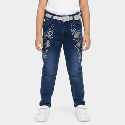 Girls' Navy Blue Regular Fit Butterfly Embroidered Jeans
