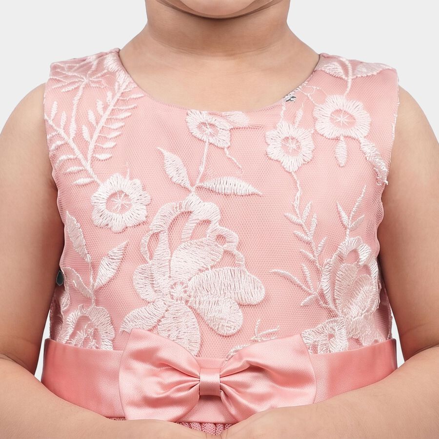 Girls' Pink Floral Embroidered Fit and Flare Frock, Pink, large