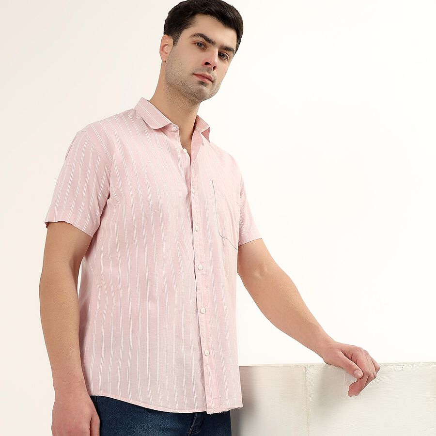 Men's Pale Powder Pink Cotton Half Sleeve Spread Collar Casual Shirt, Pink, large