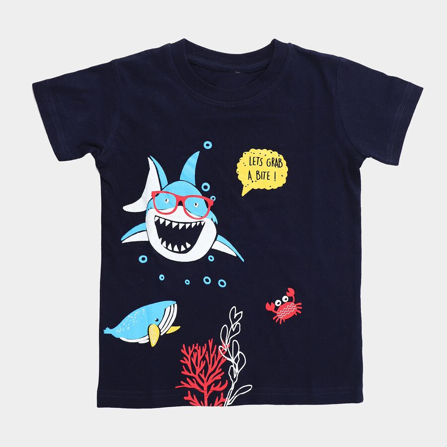 Boys Navy Blue Cotton Crew Neck Casual T-Shirt, Navy Blue, large