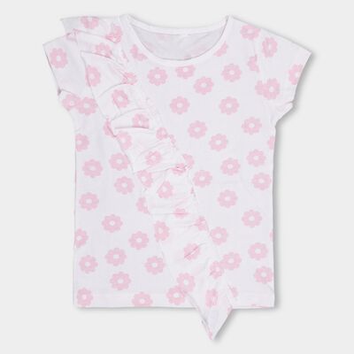 Girls' White Cotton Round Neck Floral Printed T-Shirt