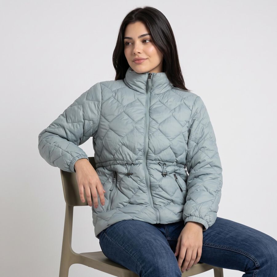 Women's Light Green Stand Collar Puffer Jacket, Light Green, large