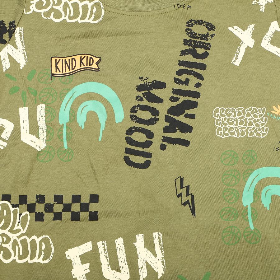 Boys Olive Green 100% Cotton Crew Neck Graphic Print Baba Suit, ओलिव, large