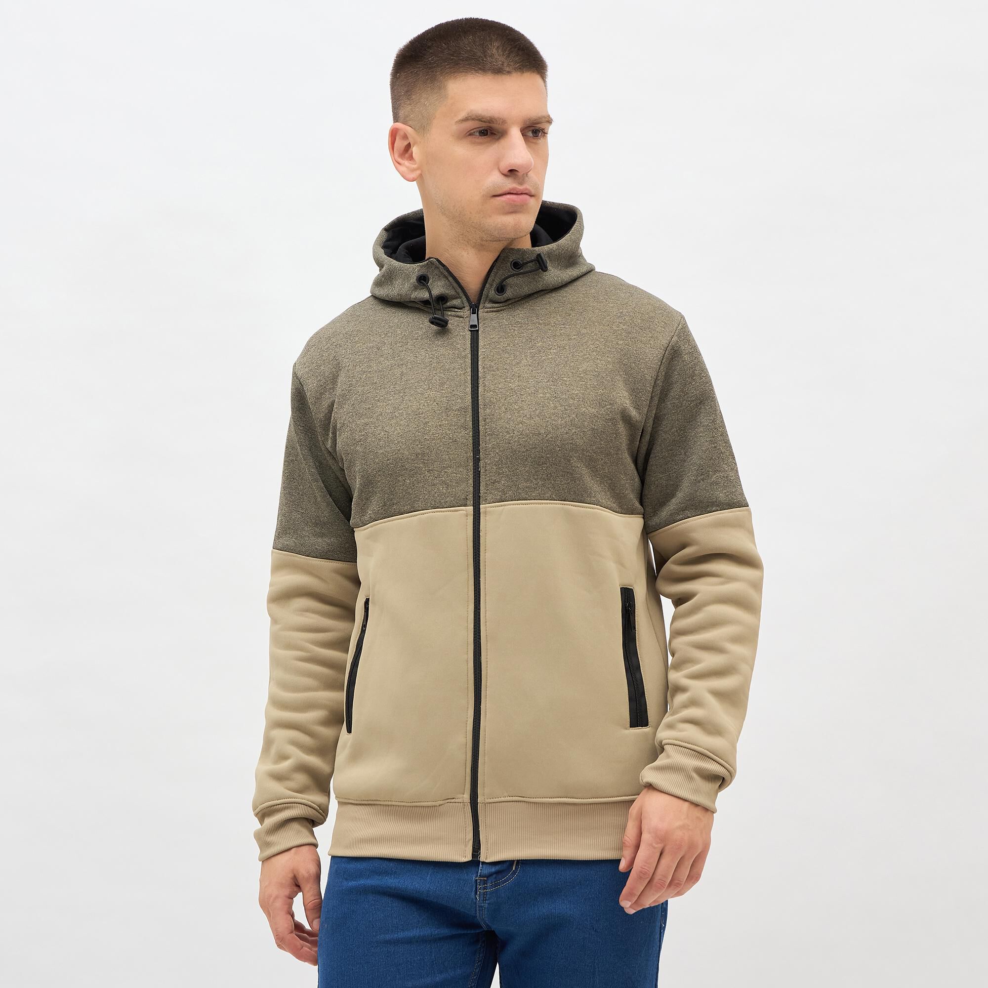 Brink Men's Muted Olive Green and Beige Hoodie Neck Casual