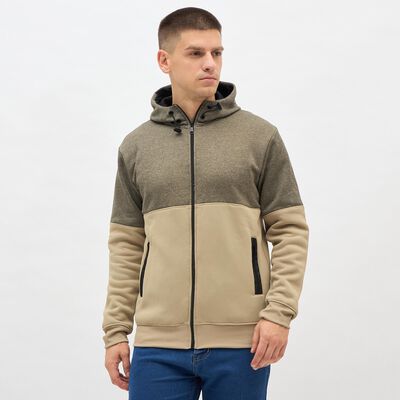 Men's Muted Olive Green and Beige Hoodie Neck Casual Sweatshirt