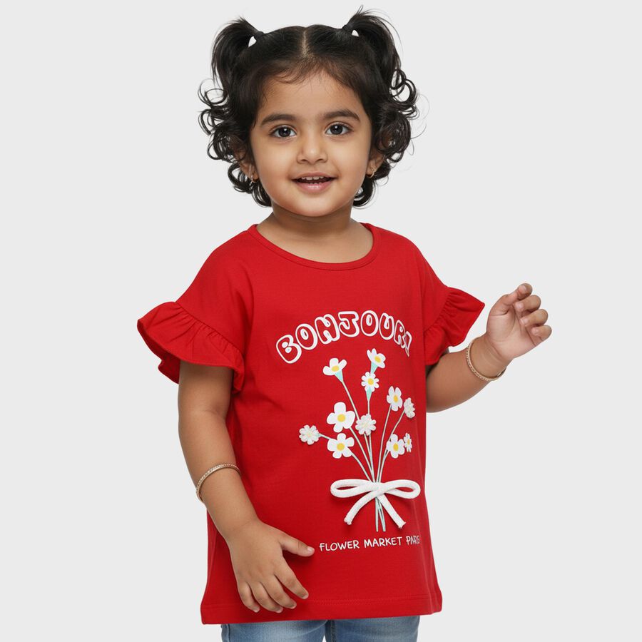 Girls Red 100% Cotton Round Neck Casual T-Shirt, Red, large