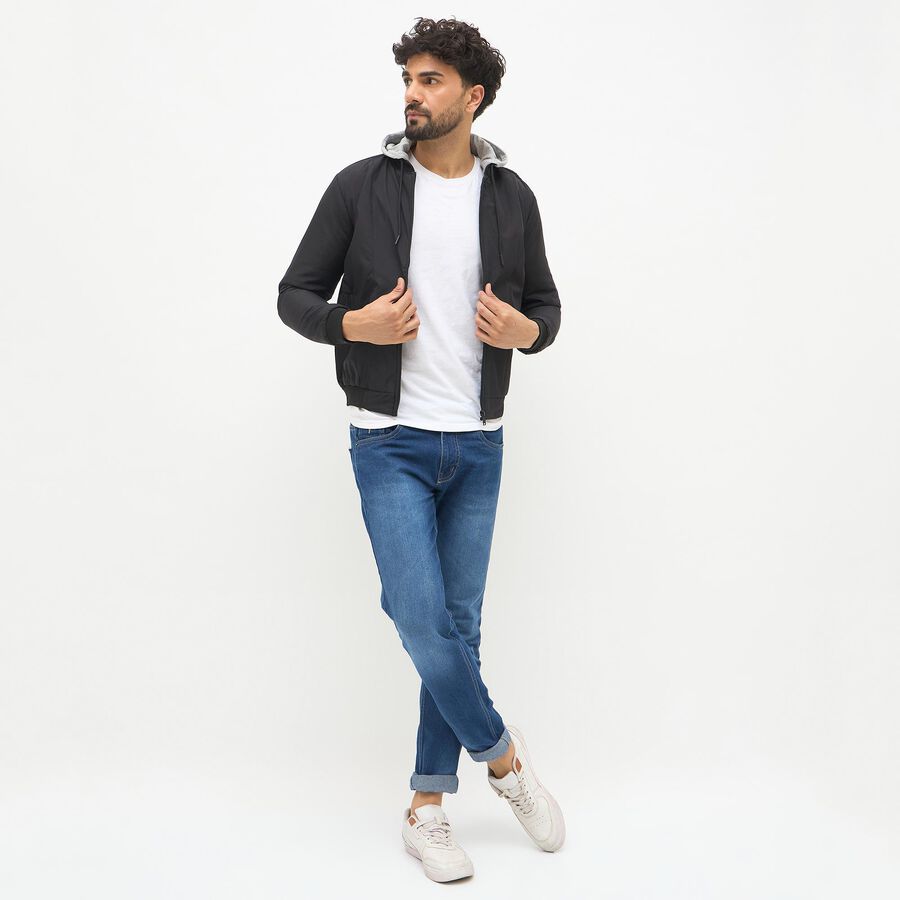 Men's Jet Black Hooded Casual Jacket, काला, large image number null