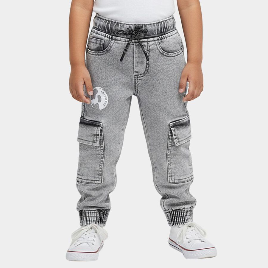 Boys' Washed Grey Cargo Fit Elastic Waist Jeans, Light Grey, large