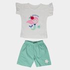 Girls' White and Mint Cotton Crew Neck Mermaid Print T-Shirt and Shorts Set, White, small