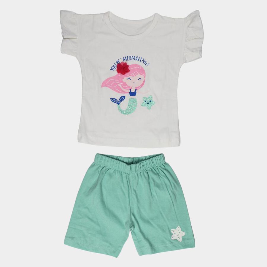 Girls' White and Mint Cotton Crew Neck Mermaid Print T-Shirt and Shorts Set, White, large