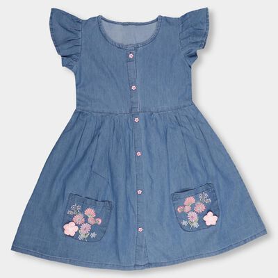 Girls' Light Denim Blue Embroidered A-Line Frock