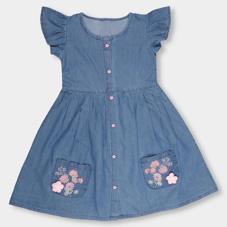 Girls' Light Denim Blue Embroidered A-Line Frock, मध्यम नीला, large image number null