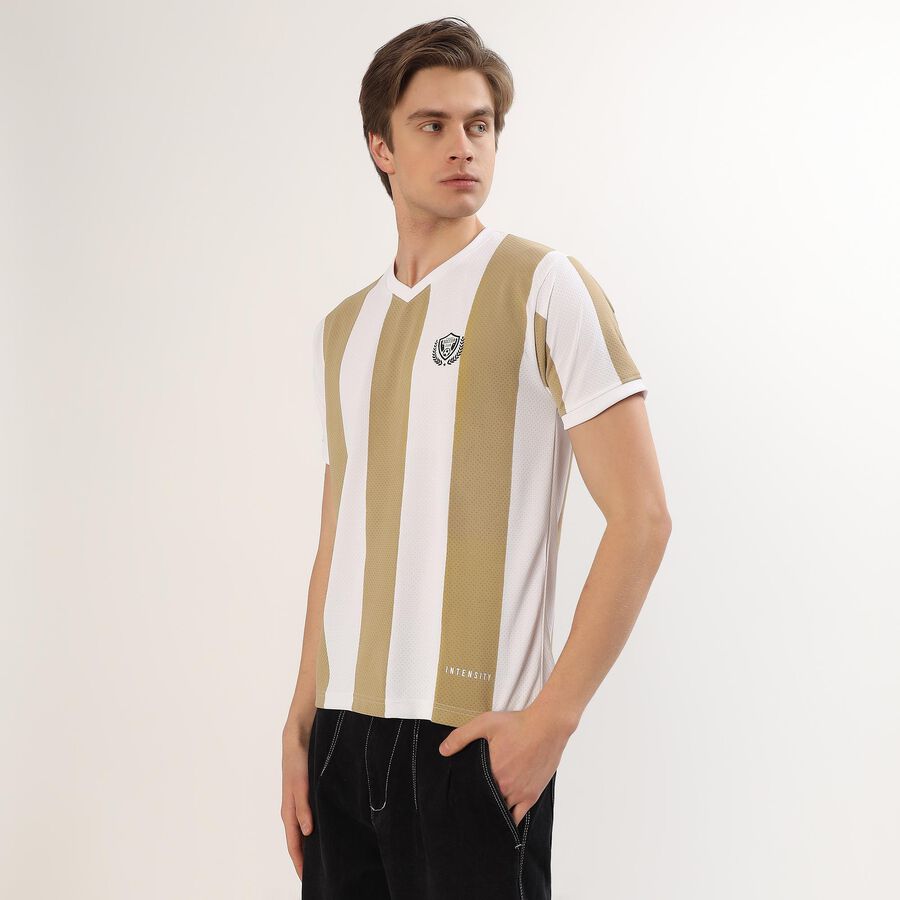 Men's Beige and White V-Neck Striped T-Shirt, Beige, large
