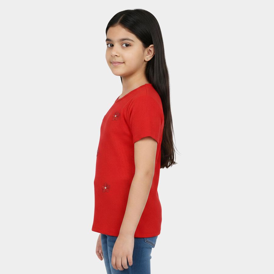 Girls' Red Round Neck Regular T-Shirt, लाल, large