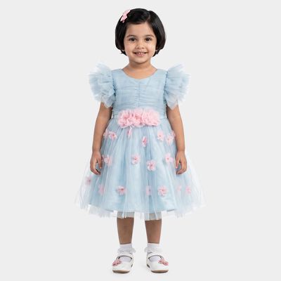 Girls' Light Blue Fit and Flare 3D Floral Applique Party Wear Frock