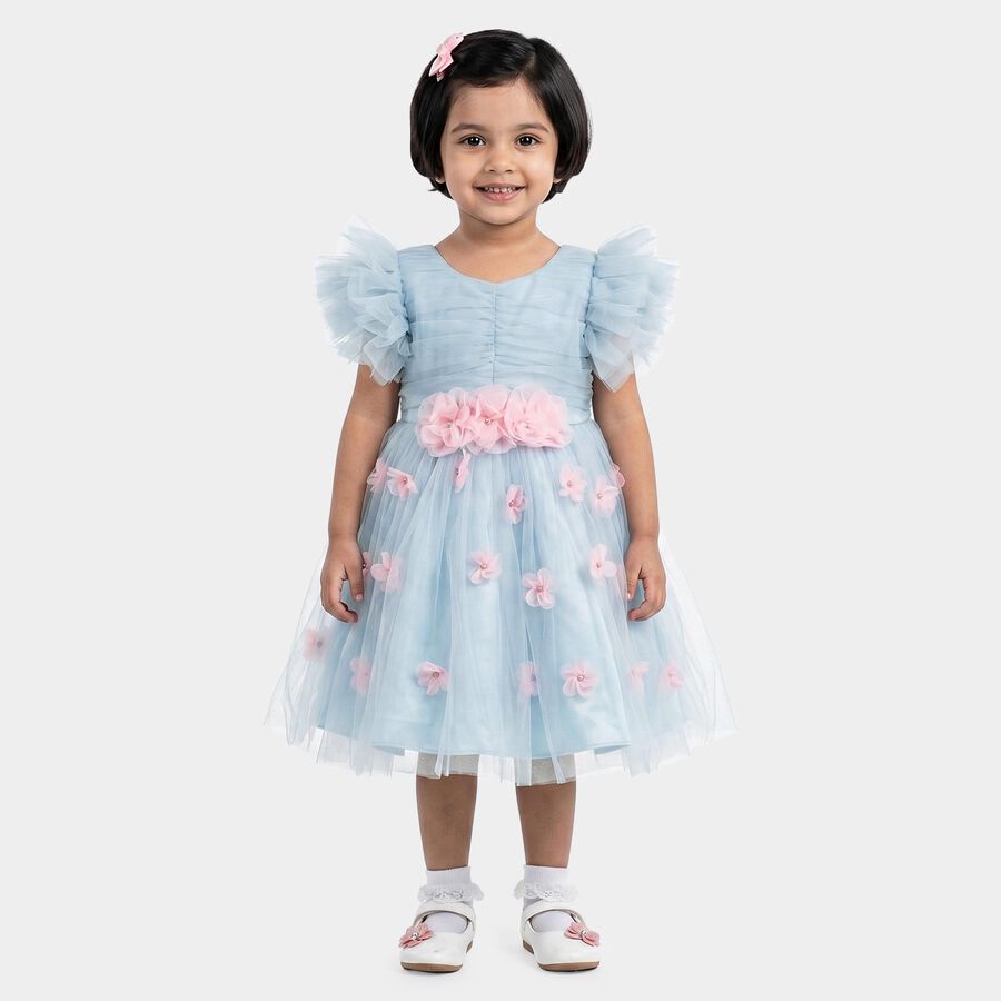 Girls' Light Blue Fit and Flare 3D Floral Applique Party Wear Frock, हल्का नीला, large