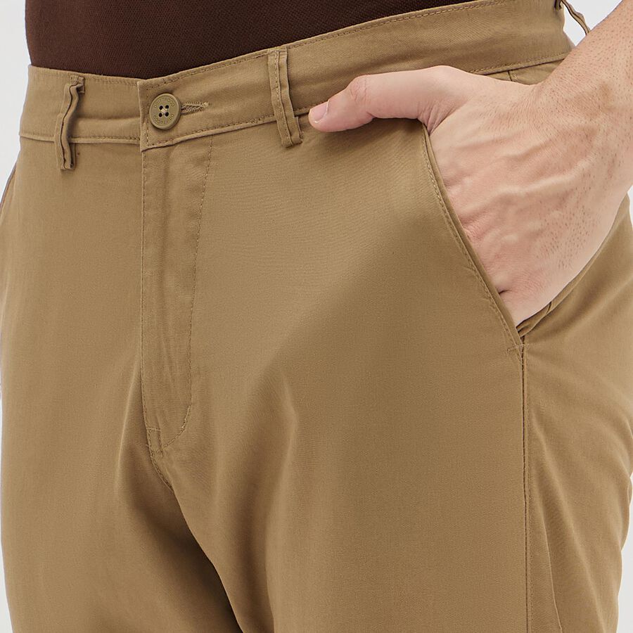 Men's Beige Slim Fit Flat-Front Casual Trousers, Khaki, large