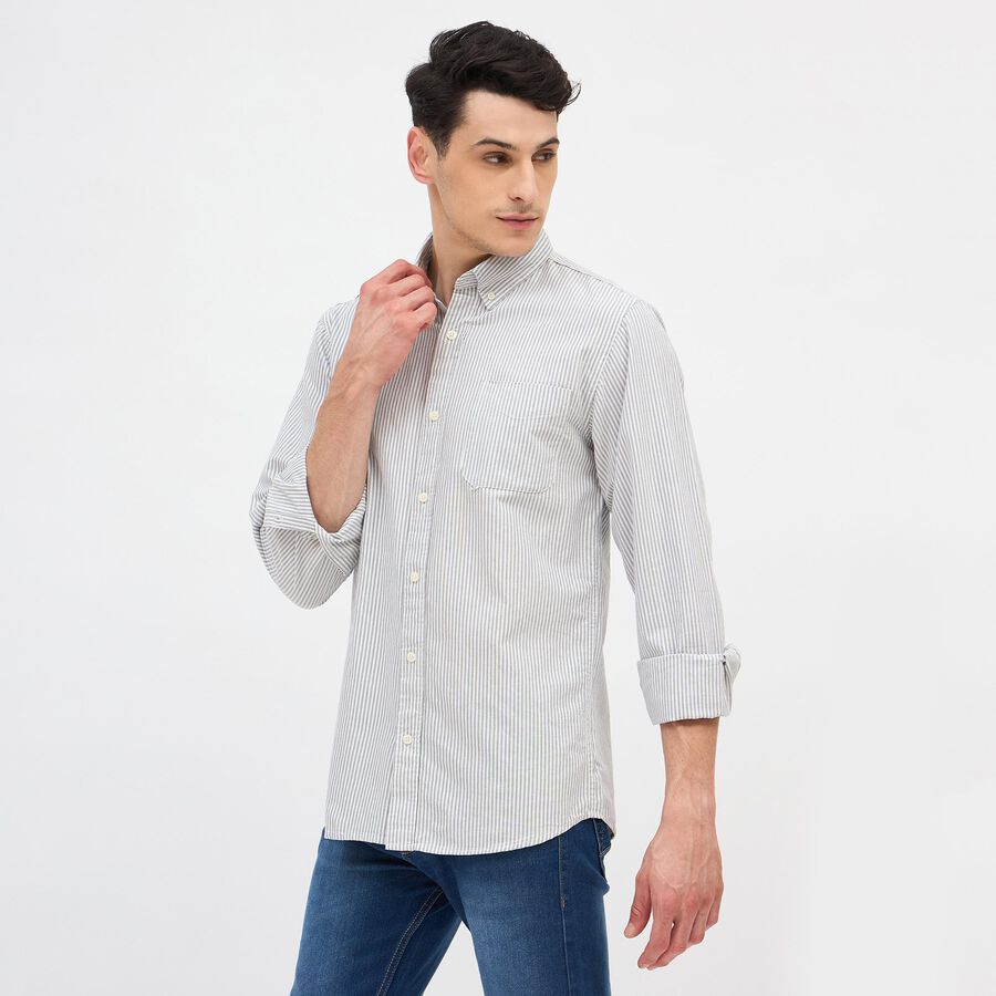Men's Light Grey Cotton Button Down Slim Fit Casual Shirt, हल्का ग्रे, large image number null