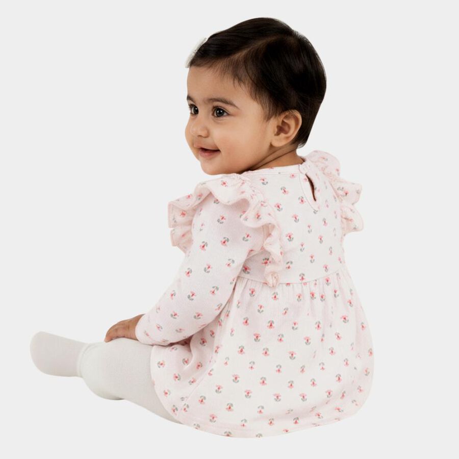 Infants' Soft Cream Floral Print Long Sleeve Frock, ऑफ व्हाइट, large image number null