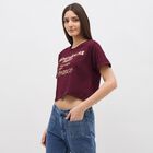 Women's Deep Burgundy Cotton Round Neck Casual Crop T-Shirt, Wine, small
