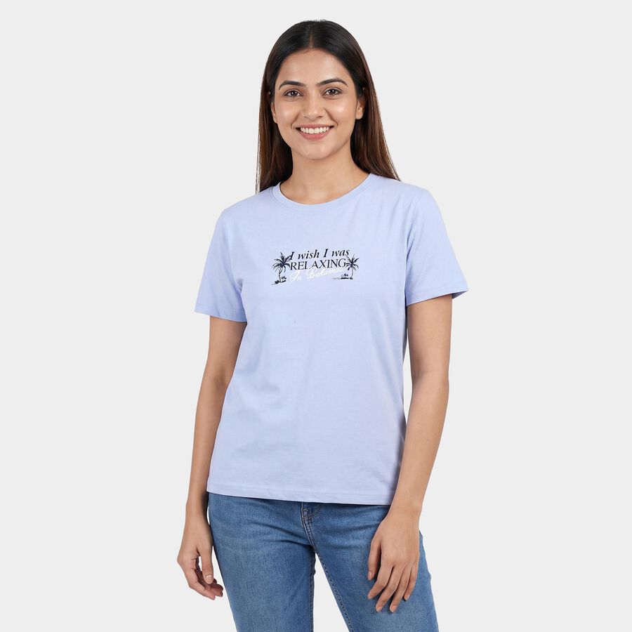 Women's Light Blue Round Neck Casual T-Shirt, Light Blue, large
