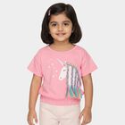 Girls' Pink Cotton Crew Neck Casual Unicorn Printed T-Shirt, Light Pink, small