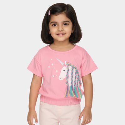 Girls' Pink Cotton Crew Neck Casual Unicorn Printed T-Shirt